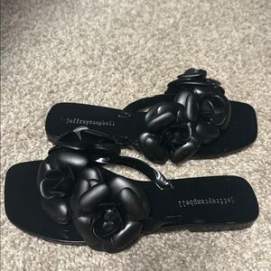 Jeffrey Campbell Floral  jelly slide sandals in black matte embellished flowers